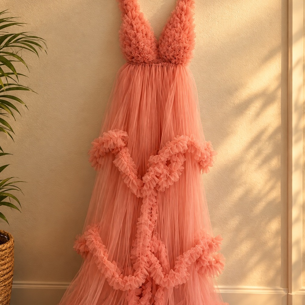 Elegant Coral Pink Ruffle Tulle Maxi Dress – Romantic Formal Gown